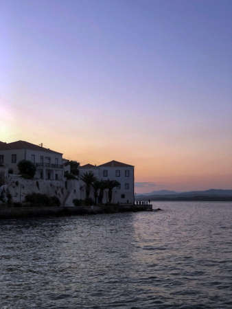 Traditional architecture in Spetses seafront, Greece. sunset- stock photoの写真素材
