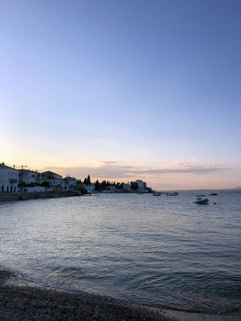 Traditional architecture in Spetses seafront, Greece. sunset- stock photo