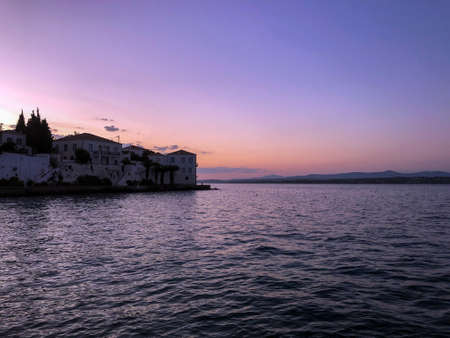 Traditional architecture in Spetses seafront, Greece. sunset- stock photoの写真素材