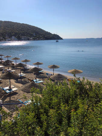 Summer Travel Vacation. View On Beautiful Beach On Greece Shore.