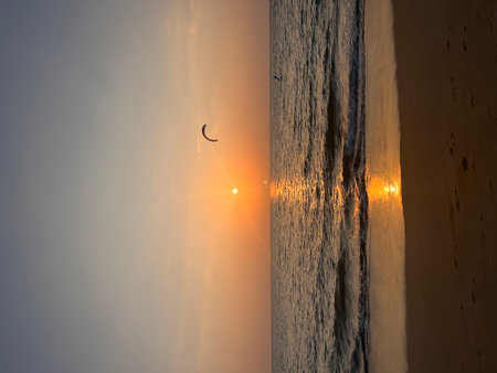 Silhouette coconut palm trees in beautiful sunset or sunrise sky over sea,Amazing light nature colorful clouds landscape,Beautiful light nature sky and clouds seascape,Sky clouds background. High quality photo. silhouette of a man with a paragliderの写真素材