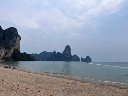 Scenic beach and Andaman sea in Railey Bay, Thailand, cloudy. High quality photoの写真素材