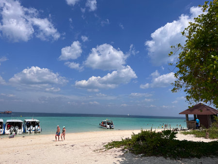 Scenic beach and Andaman sea in Railey Bay, Thailand, cloudy. High quality photoの写真素材