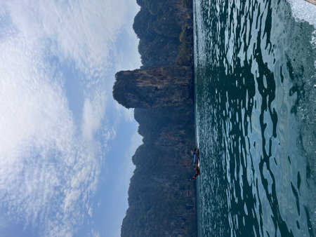 Scenic beach and Andaman sea in Railey Bay, Thailand, cloudy. High quality photoの写真素材