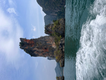 Scenic beach and Andaman sea in Railey Bay, Thailand, cloudy. High quality photoの写真素材