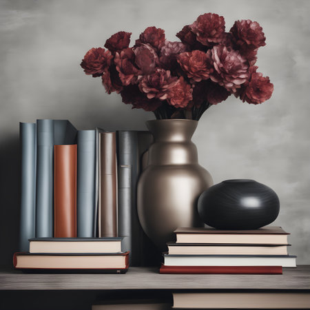 Books and vase with peony flowers on wooden table. 3d renderの素材