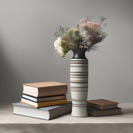 Vase with flowers and books on the table. 3d renderingの素材