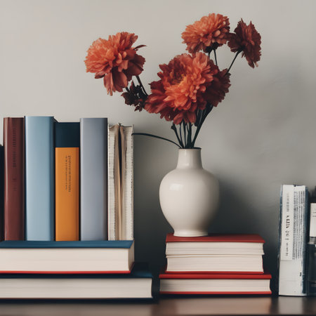 Books and vase with dahlias on shelf in living roomの素材