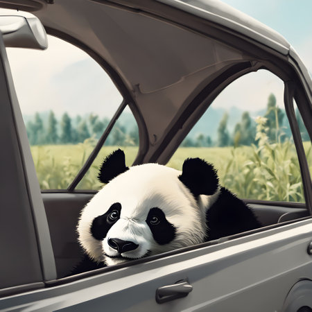 Panda in the car. A giant panda is driving a car.の素材