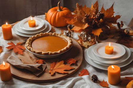 Delicious homemade pumpkin pie with autumn leaves and candles on wooden tableの素材