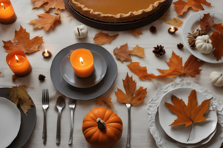 Beautiful table setting with pumpkin pie and autumn leaves, top viewの素材