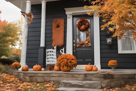 Halloween pumpkins in front of a house with autumn leaves.の素材