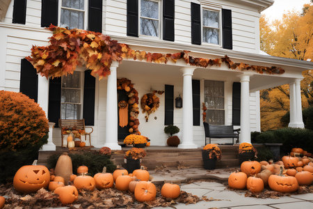 Halloween decorations in front of a house with pumpkins and leavesの素材