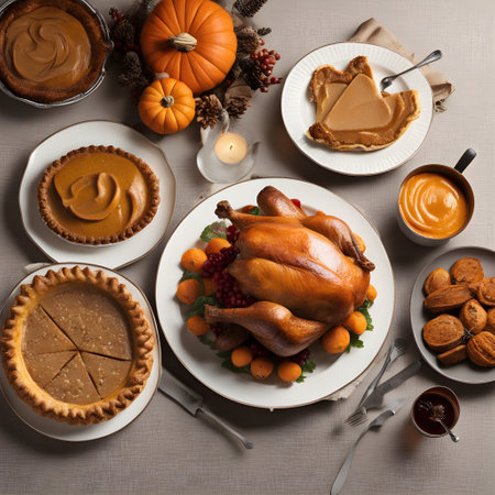 Thanksgiving dinner table with turkey, pumpkin pie, nuts and chocolateの素材