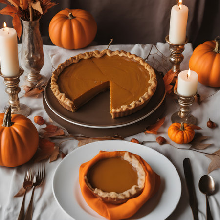 Homemade pumpkin pie on a rustic table with pumpkins, candles and autumn leavesの素材