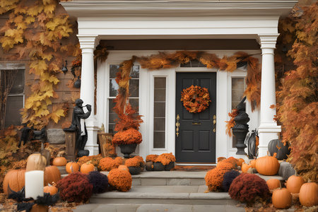 Halloween decorations in front of a house with pumpkins and leavesの素材