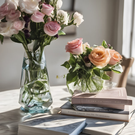 Bouquet of flowers in vase and books on wooden tableの素材