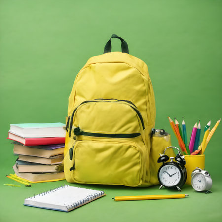 School backpack with books, alarm clock and pencils on green backgroundの素材
