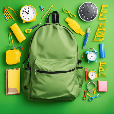 Green backpack with school supplies on green background. Back to school concept.の素材