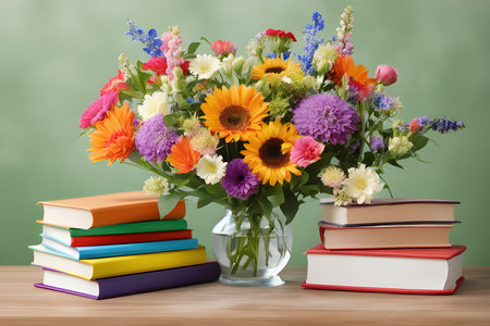 Bouquet of colorful flowers in vase and books on wooden tableの素材