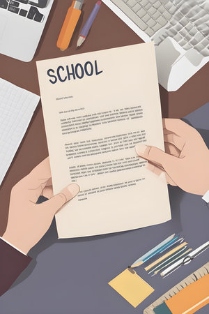 Hands holding a document with the text school. Vector illustration.の素材
