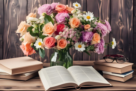 bouquet of colorful flowers and books on a wooden background.の素材