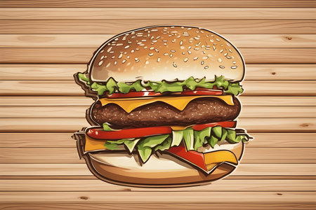 Illustration of a hamburger on a wooden background. Vector illustrationの素材
