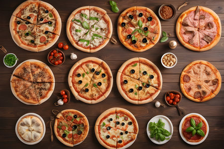 Top view of different types of pizzas on a wooden background.の素材