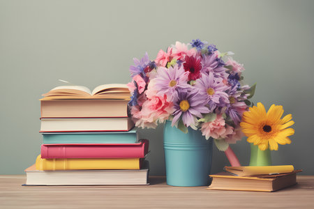 books and bouquet of flowers on wooden table with vintage filter effectの素材