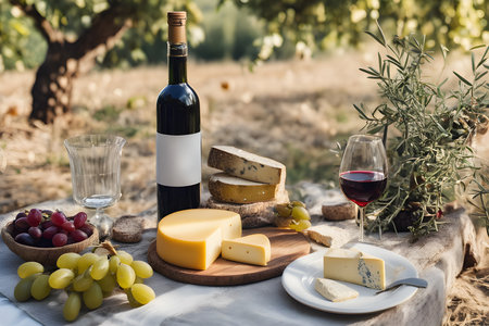 bottle of red wine, cheese and grapes on wooden table in vineyardの素材