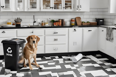 Labrador retriever sitting on the floor in a modern kitchen.の素材