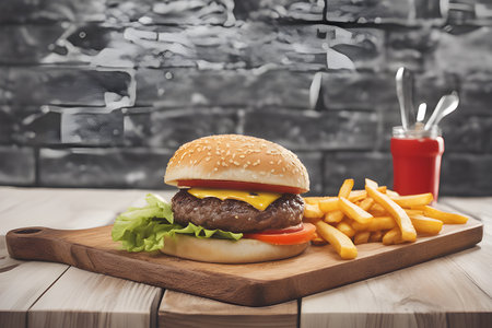 Cheese burger - American cheese burger with Golden French fries on wooden boardの素材