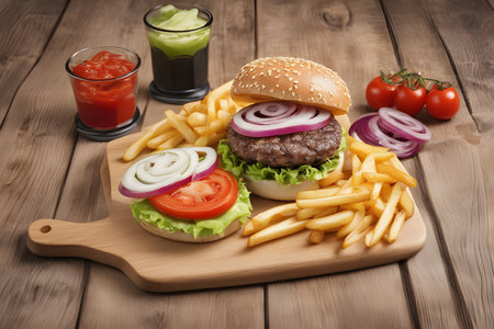 hamburger with French fries and ketchup on a wooden backgroundの素材