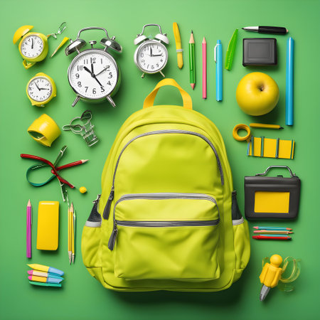 School supplies and backpack on green background. Back to school concept.の素材