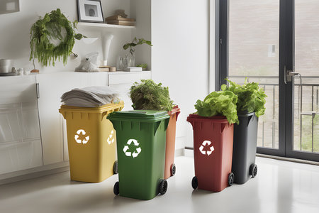 Recycling bins with green and red garbage in the kitchen. 3d renderingの素材