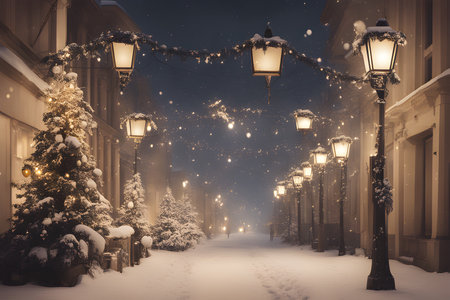 Snowy winter street at night. Christmas and New Year concept.の素材