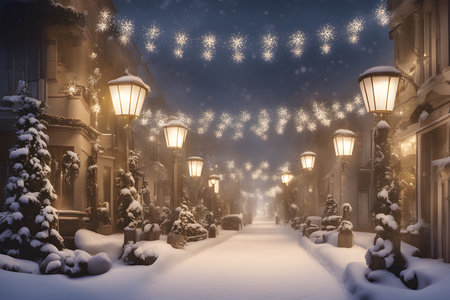 Winter street with snow covered trees and lanterns. Christmas background.の素材