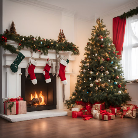 Christmas tree with presents and fireplace in the living room at home.の素材