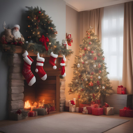 Christmas tree with presents and fireplace in the living room at home.の素材