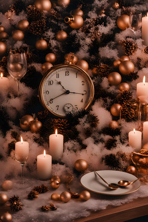 New Year's still life. Christmas tree, candles and golden clock on the background of snow.の素材