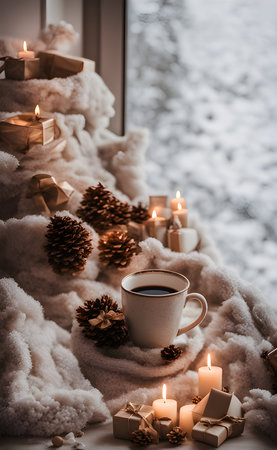 Cup of coffee on the windowsill with Christmas decorations and candlesの素材