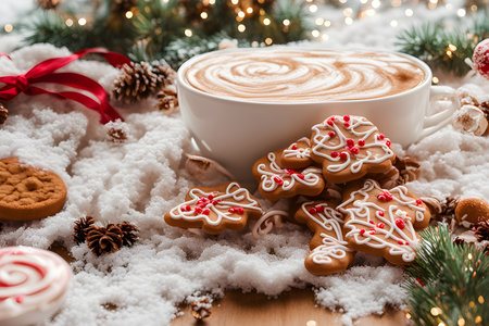 Cup of cappuccino with christmas cookies on wooden tableの素材