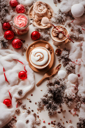 Cappuccino with marshmallow and Christmas decorations on a white backgroundの素材