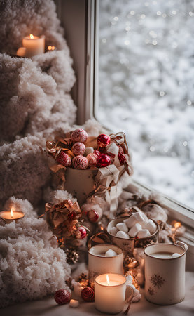 Christmas still life with burning candles on the background of a snowy windowの素材