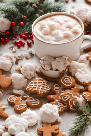Cup of hot cocoa with marshmallow, gingerbread cookies and Christmas tree branches on white backgroundの素材