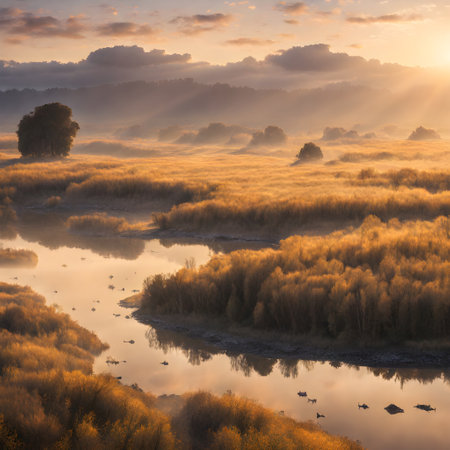 Foggy sunrise over the river. Landscape with fog in the morning.の素材