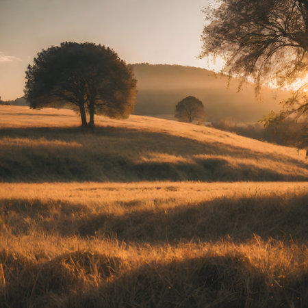 Sunset over the meadow with trees in the foreground - retro vintage lookの素材