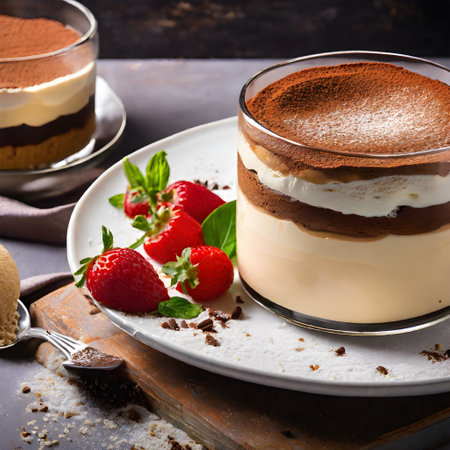 Classic tiramisu dessert in a glass with strawberries and chocolate on a dark backgroundの素材