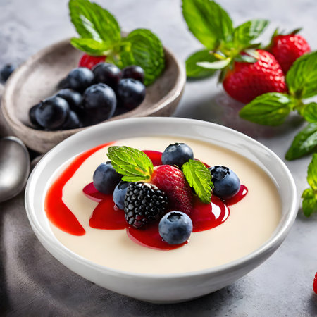 Panna cotta with fresh berries and mint in a bowl, selective focus.の素材