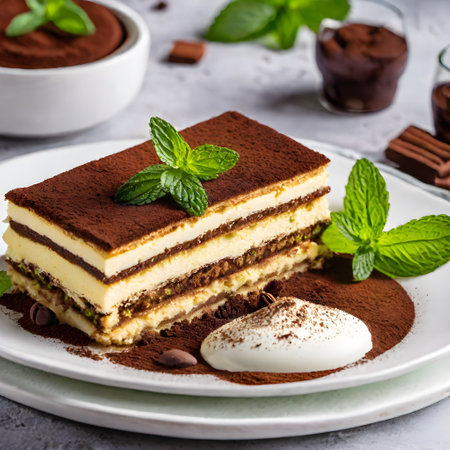 Classic tiramisu dessert with mint and chocolate on ceramic plate.の素材